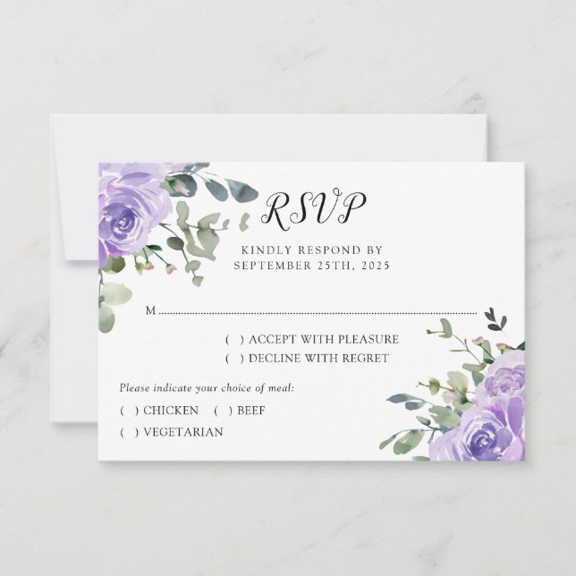Dusty Purple Eucalyptus Botanical Wedding RSVP Card (Front)