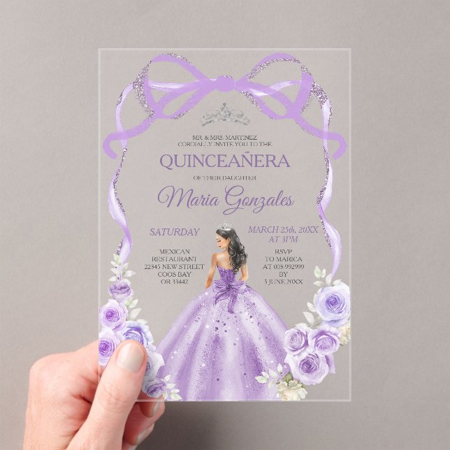 Dusty Purple Floral Bow Ribbon Silver Mis Quince Acrylic Invitations (Insitu (Handheld))