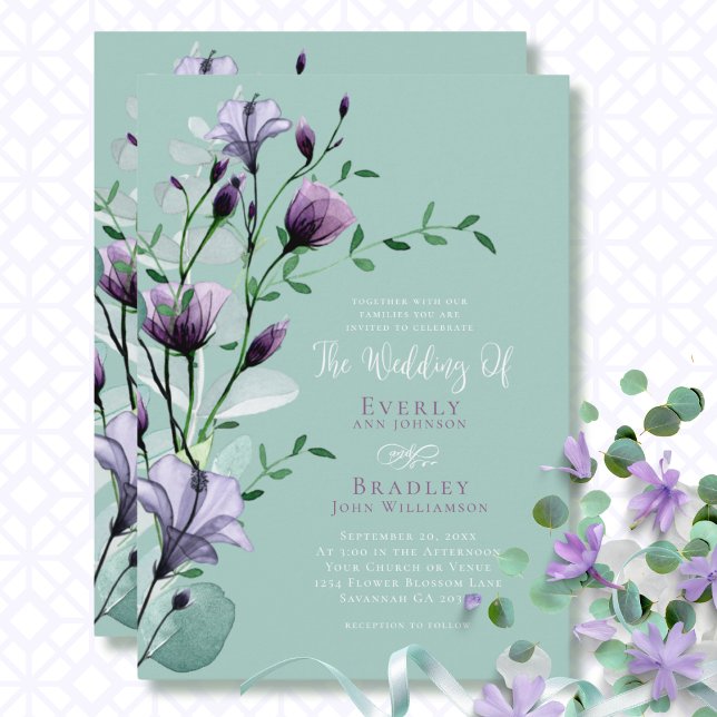 Dusty Purple Floral Eucalyptus Non Photo Wedding Invitation (Creator Uploaded)