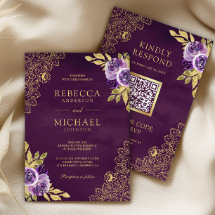 Dusty Purple Floral Gold Lace QR Code Wedding Invitation