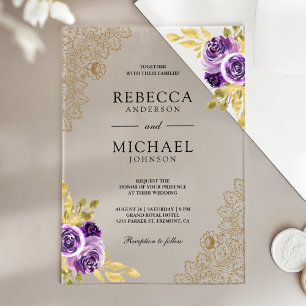 Dusty Purple Floral Gold Lace Wedding Acrylic Invitations