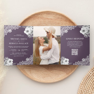 Dusty Purple Floral Lace Photo QR Code Wedding Tri-Fold Invitation
