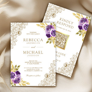 Dusty Purple Floral Lace White QR Code Wedding Invitation