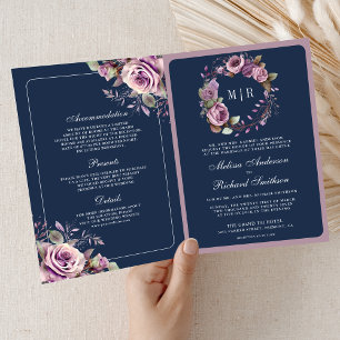 Dusty Purple Floral QR Code Navy Blue Wedding Invitation