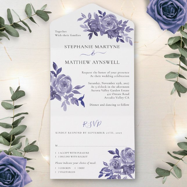 Dusty Purple Floral Roses Foliage Wedding All In One Invitation (Creator Uploaded)