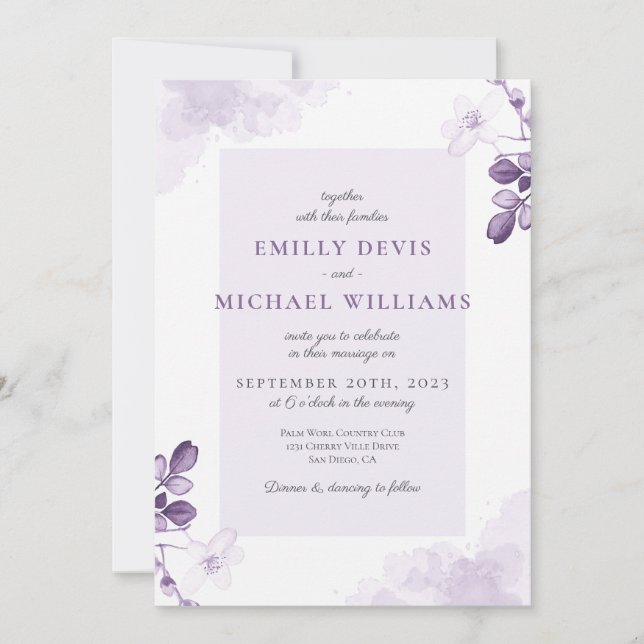 Dusty Purple Floral Rustique Faire-part de mariage (Devant)