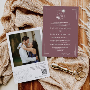 Dusty Purple Floral Wedding Crest QR Code Photo Invitation