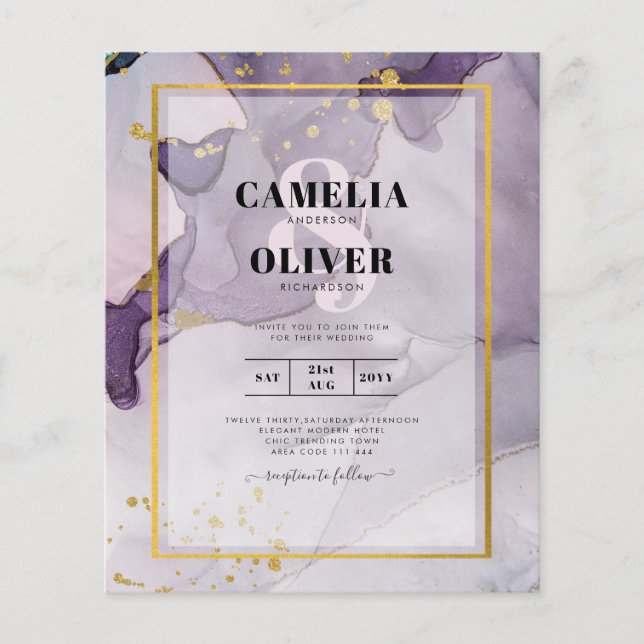Dusty Purple Gold Alcohol INK Abstract Wedding Flyer (Front)