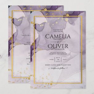 Dusty Purple Gold Alcohol INK Abstract Wedding Invitation