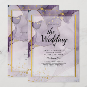 Dusty Purple Gold Alcohol INK Abstract Wedding Invitation