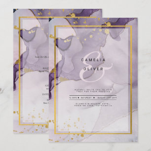 Dusty Purple Gold Alcohol INK Abstract Wedding Invitation