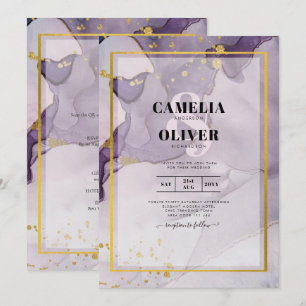 Dusty Purple Gold Alcohol INK Abstract Wedding Invitation