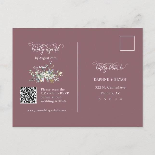 Dusty Purple Green Leaves QR Code Address RSVP Postcard (Back)