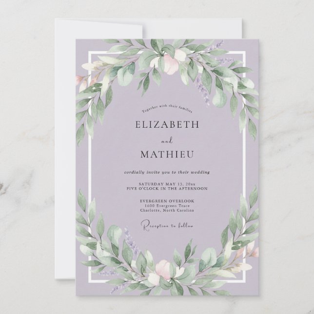Dusty Purple Greenery Wedding Invitation (Front)