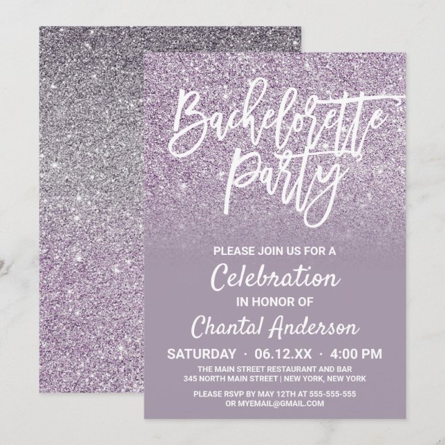 Dusty Purple Grey Faux Glitter Ombre Bachelorette Invitation (Front/Back)