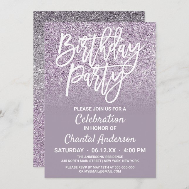 Dusty Purple Grey Faux Glitter Ombre Birthday Invitation (Front/Back)
