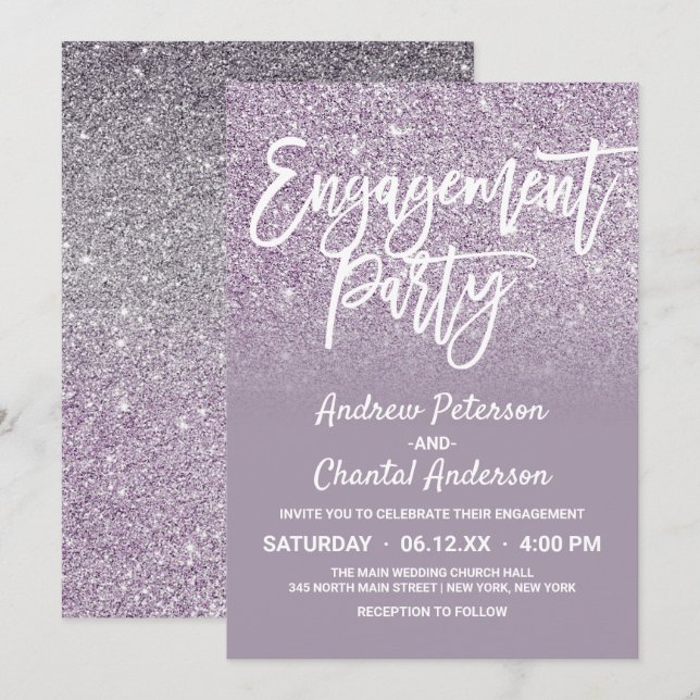 Dusty Purple Grey Faux Glitter Ombre Engagement Invitation (Front/Back)