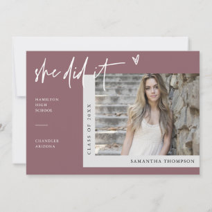 Dusty Purple Heart Photo She Did It Graduation Invitation