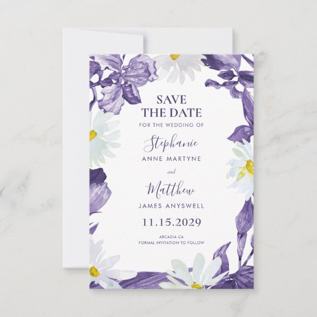 Dusty Purple Iris White Daisy Botanical Wedding Save The Date (Front)