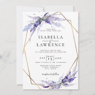 Dusty Purple Lavender Floral Gold Frame Wedding Invitation