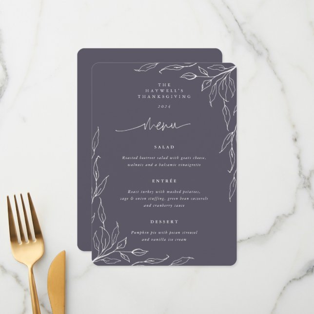 Dusty Purple Leaf Motif Thanksgiving Dinner Menu (Front/Back In Situ)