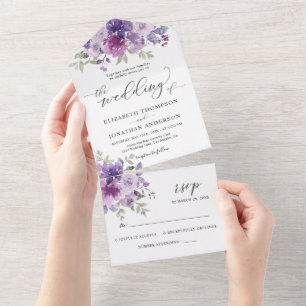Dusty Purple Lilac Floral Wedding Details RSVP All In One Invitation