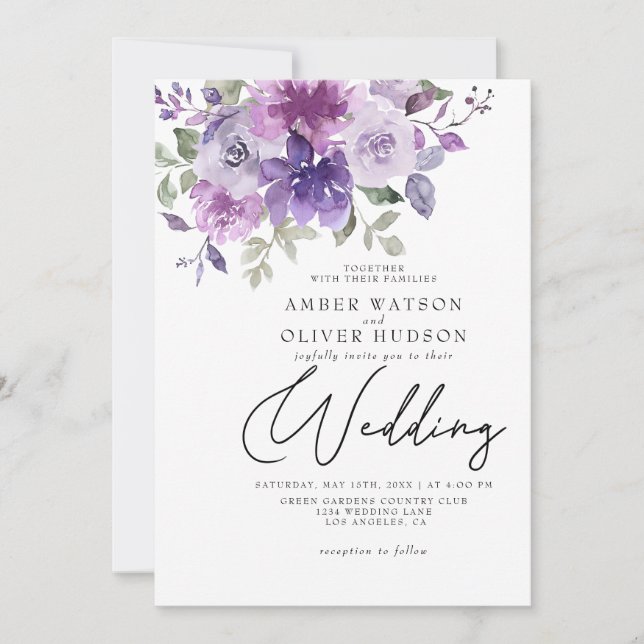 Dusty Purple Mauve Lilac Floral Garden Wedding Invitation (Front)