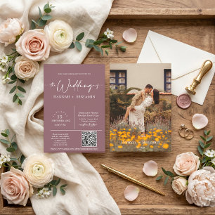 Dusty Purple Minimalist Wedding Arch QR Code Photo Invitation