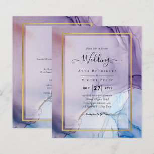 Dusty Purple Navy Blue Gold INK Wedding INVITE