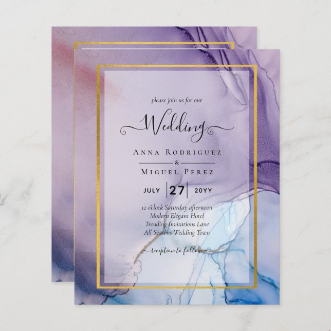 Dusty Purple Navy Blue Gold INK Wedding INVITE (Front/Back)
