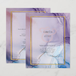Dusty Purple Navy Blue Gold INK Wedding INVITE
