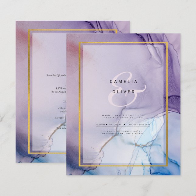 Dusty Purple Navy Blue Gold INK Wedding INVITE (Front/Back)