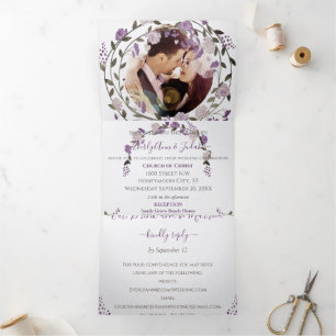 Dusty Purple Peony Floral Wreath Wedding Tri-Fold Invitation