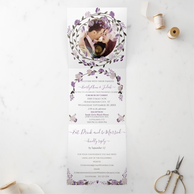 Dusty Purple Peony Floral Wreath Wedding Tri-Fold Invitation (Inside)
