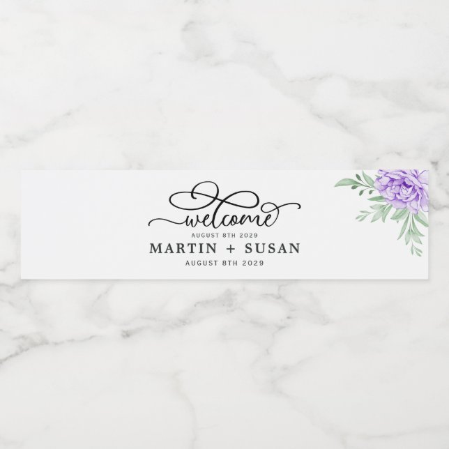 Dusty Purple Peony Rose Greenery Leaves Wedding Water Bottle Label (Single Label)