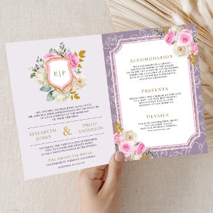 Dusty Purple Pink Floral All in One Crest Wedding Invitation