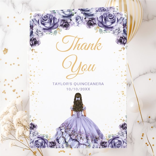 Dusty Purple Princess Floral Quinceañera Thank You Card (Creator Uploaded)