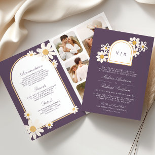 Dusty Purple Retro Yellow Daisy All in One Wedding Invitation