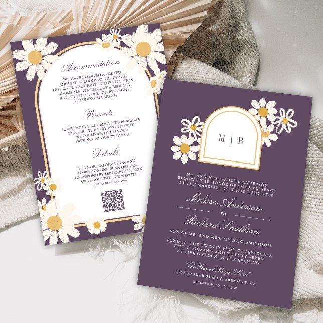 Dusty Purple Retro Yellow Daisy All in One Wedding Invitation (Creator Uploaded)