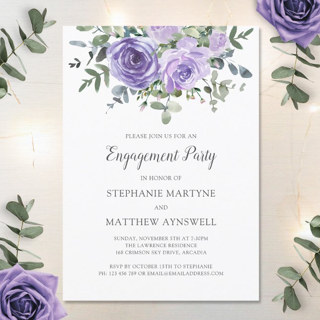 Dusty Purple Rose Botanical Engagement Party Invitation (Creator Uploaded)