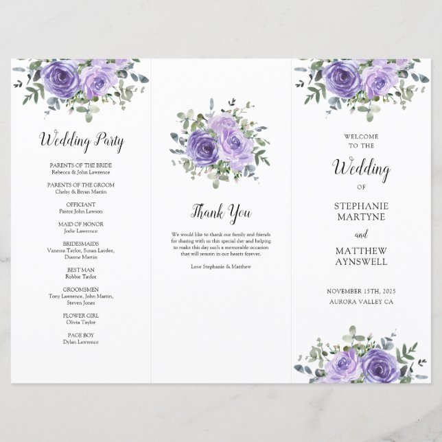 Dusty Purple Rose Eucalyptus Order of Service (Front)