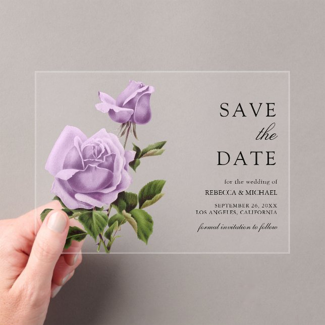 Dusty Purple Rose Floral Wedding Save the Date Acrylic Invitations (Insitu (Handheld))