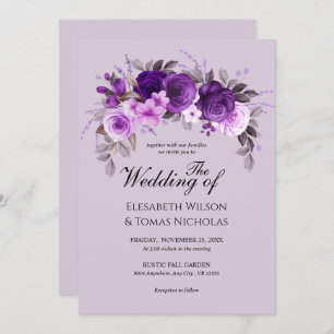 Dusty Purple Roses & Greenery silver Wedding  Invitation