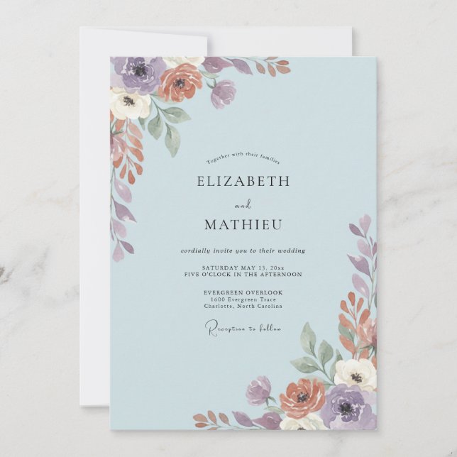 Dusty Purple Rust Leafy Wedding Invitation (Front)