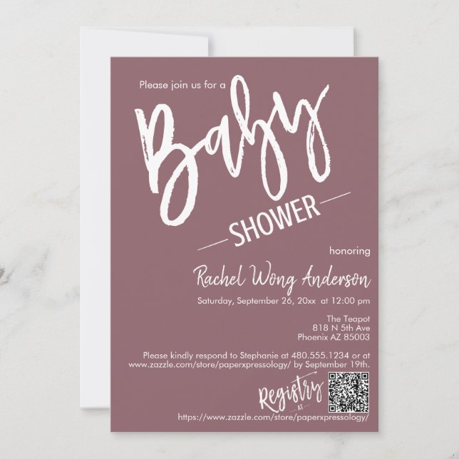 Dusty Purple Script Baby Shower QR Code Photo Invitation (Front)