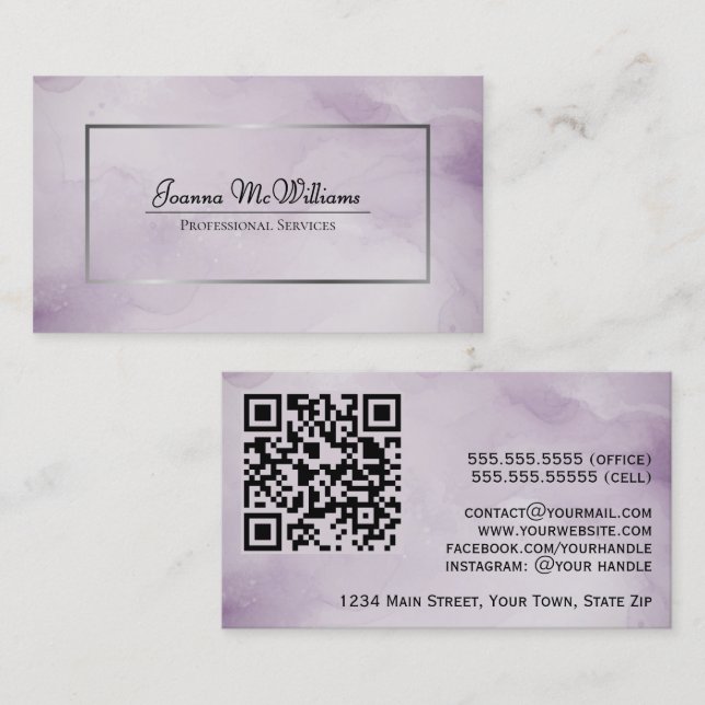 Dusty Purple & Silver Abstract Watercolor QR Code Business Card (Front/Back)