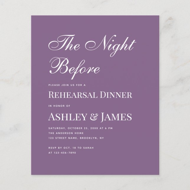 Dusty Purple Simple Rehearsal Dinner Invitation (Front)