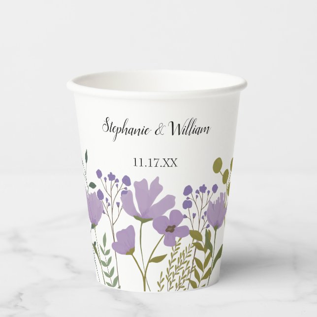 Dusty Purple Spring Floral Wedding Personalized Paper Cups (Front)