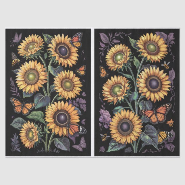 Dusty Purple Sunflower, Monarchs & Bees Decoupage Tissue Paper (Front)