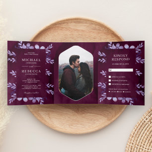 Dusty Purple Watercolor Floral Photo Plum Wedding Tri-Fold Invitation